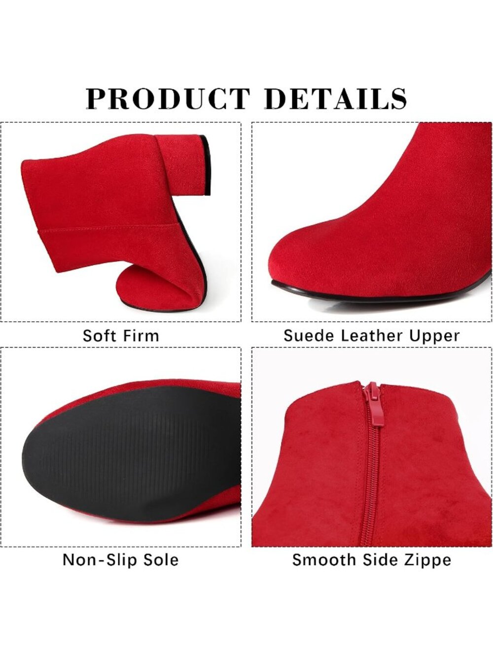 Women's Red Faux Suede Side Zip Chunky Low Block Heel Short Ankle Booties - Picture 3 of 6